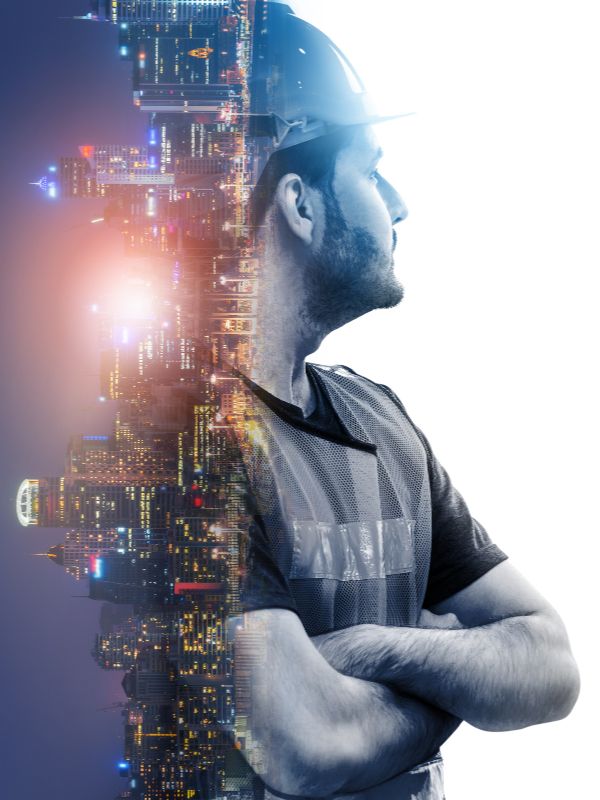 an image of a person looking into the future blended with a futuristic city view